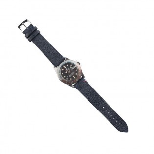 Navy leather watch strap by Avel and Men, Douarnenez model, mounted on a Rolex GMT watch.