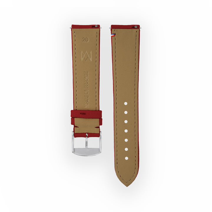 Bracelet de montre toile Port Louis Bordeaux 20mm avec drapeau, vue de dos