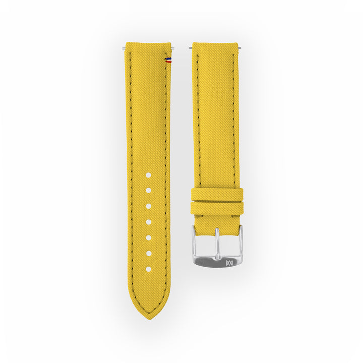 Bracelet de montre toile Port Louis Jaune 19mm avec drapeau, vue de face