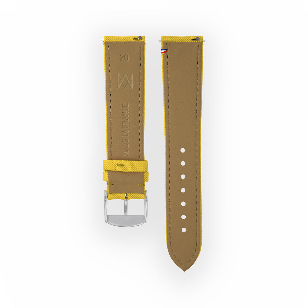 Bracelet de montre toile Port Louis Jaune 20mm avec drapeau, vue de dos