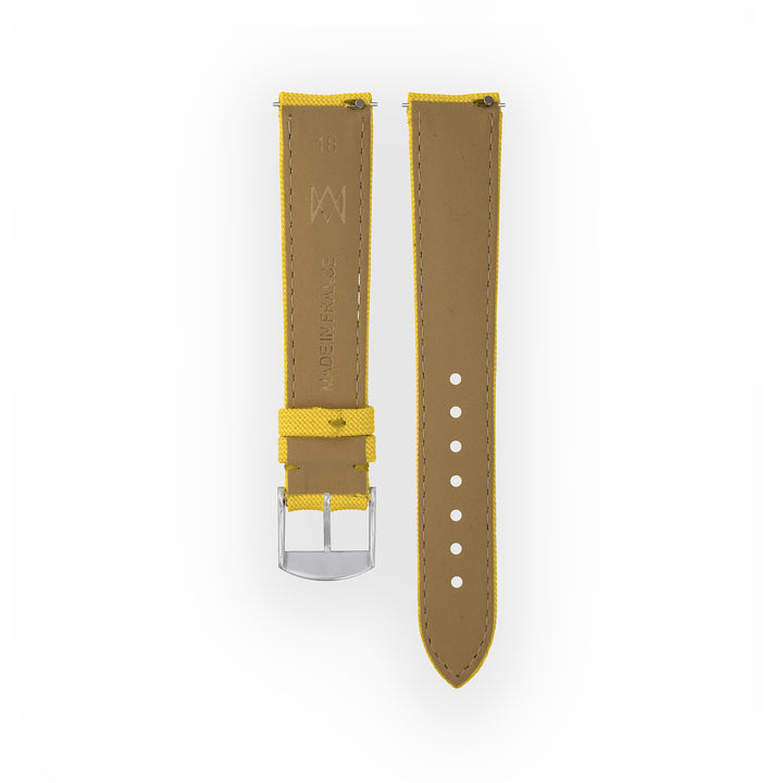 Bracelet de montre toile Port Louis Jaune 18mm sans drapeau, vue de dos