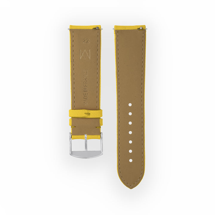Bracelet de montre toile Port Louis Jaune 22mm sans drapeau, vue de dos