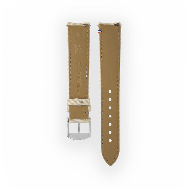 Bracelet de montre toile Port Louis Blanc lin 18mm avec drapeau, vue de dos