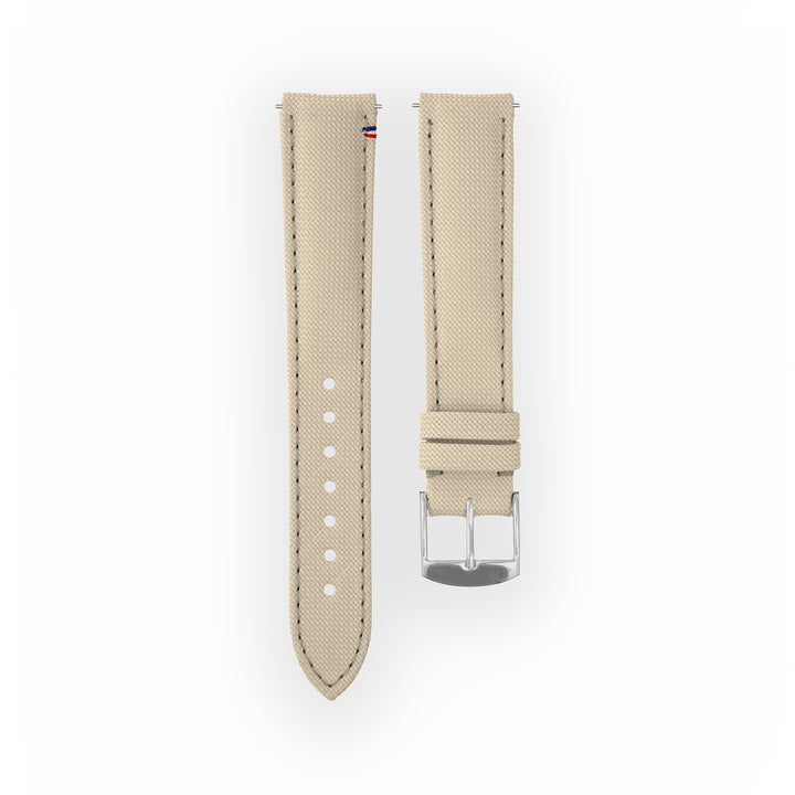 Bracelet de montre toile Port Louis Blanc lin 18mm avec drapeau, vue de face