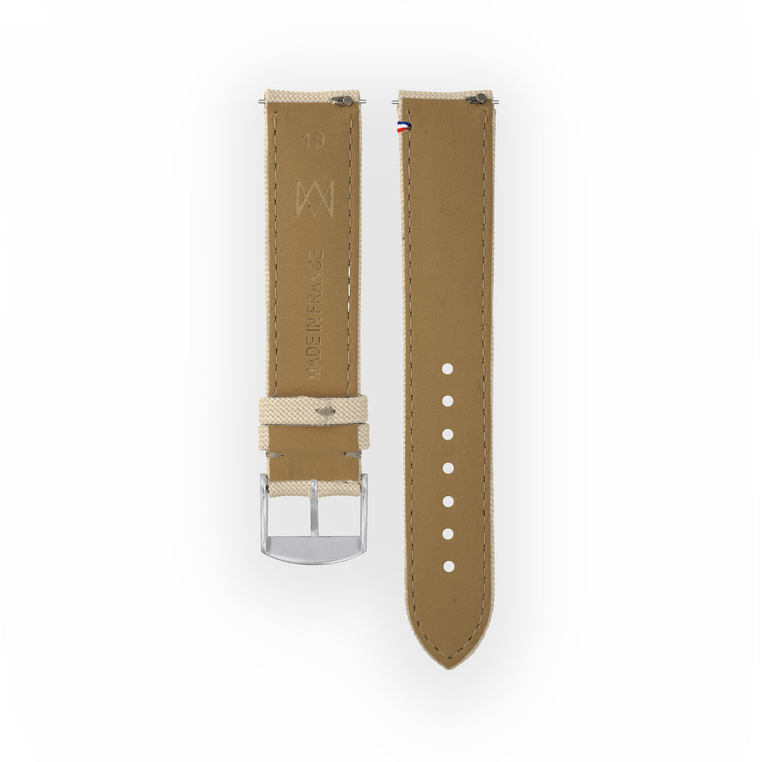 Bracelet de montre toile Port Louis Blanc lin 19mm avec drapeau, vue de dos