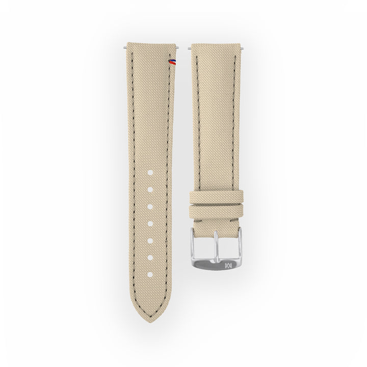 Bracelet de montre toile Port Louis Blanc lin 20mm avec drapeau, vue de face