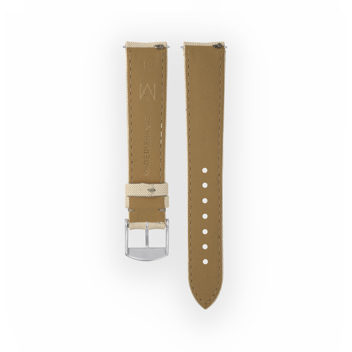 Bracelet de montre toile Port Louis Blanc lin 18mm sans drapeau, vue de dos