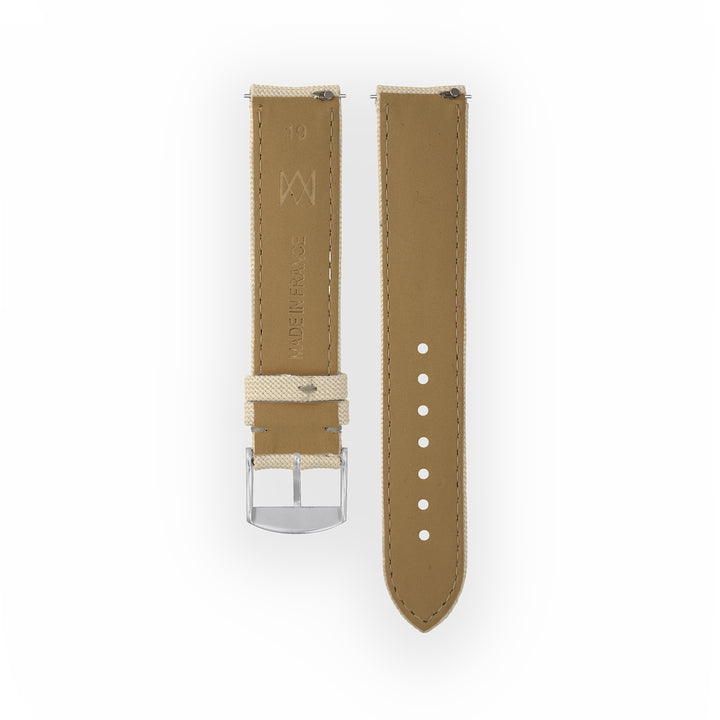 Bracelet de montre toile Port Louis Blanc lin 19mm sans drapeau, vue de dos