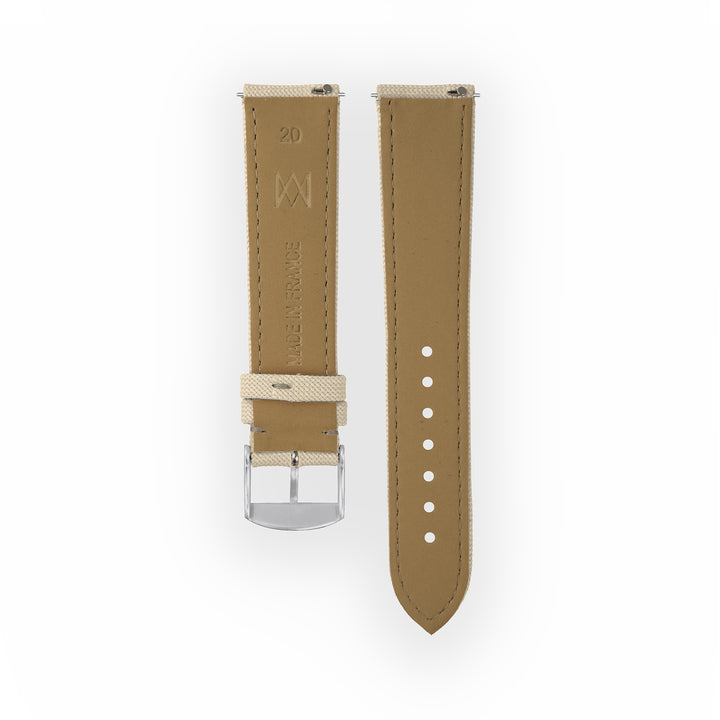 Bracelet de montre toile Port Louis Blanc lin 20mm sans drapeau, vue de dos