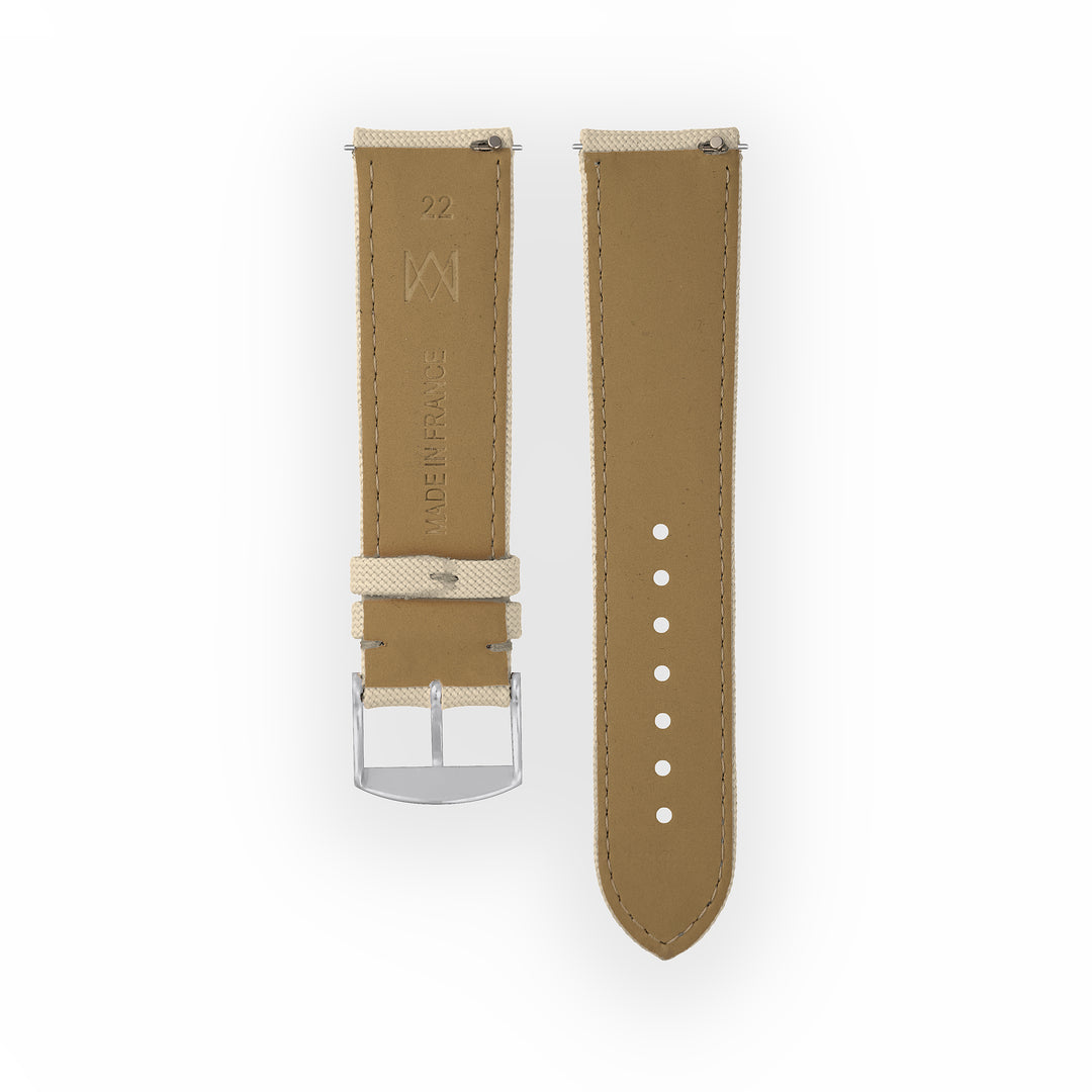 Bracelet de montre toile Port Louis Blanc lin 22mm sans drapeau, vue de dos