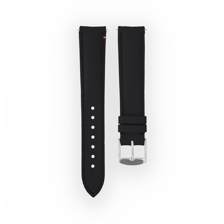 Bracelet de montre toile Port Louis Noir 18mm avec drapeau, vue de face