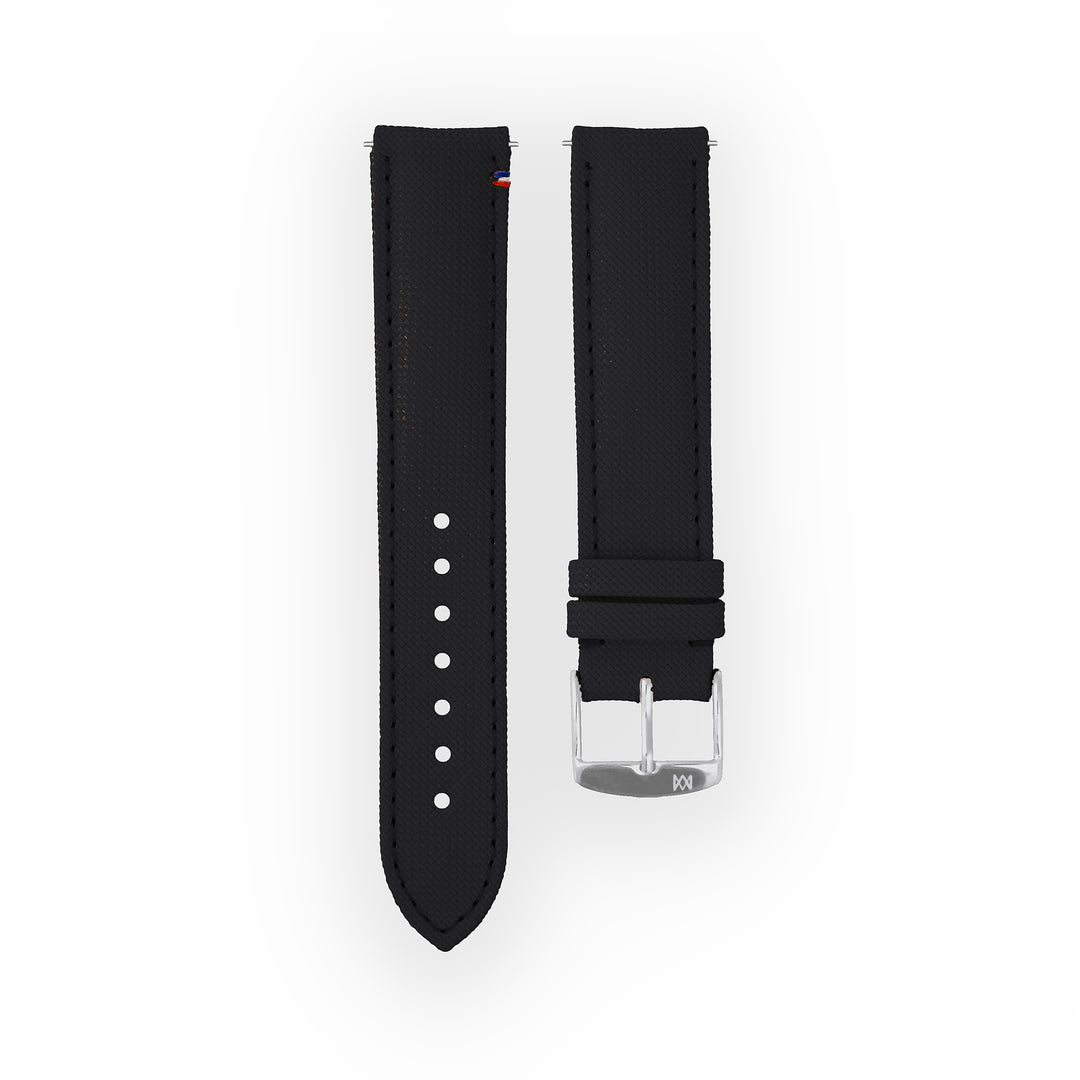 Bracelet de montre toile Port Louis Noir 19mm avec drapeau, vue de face