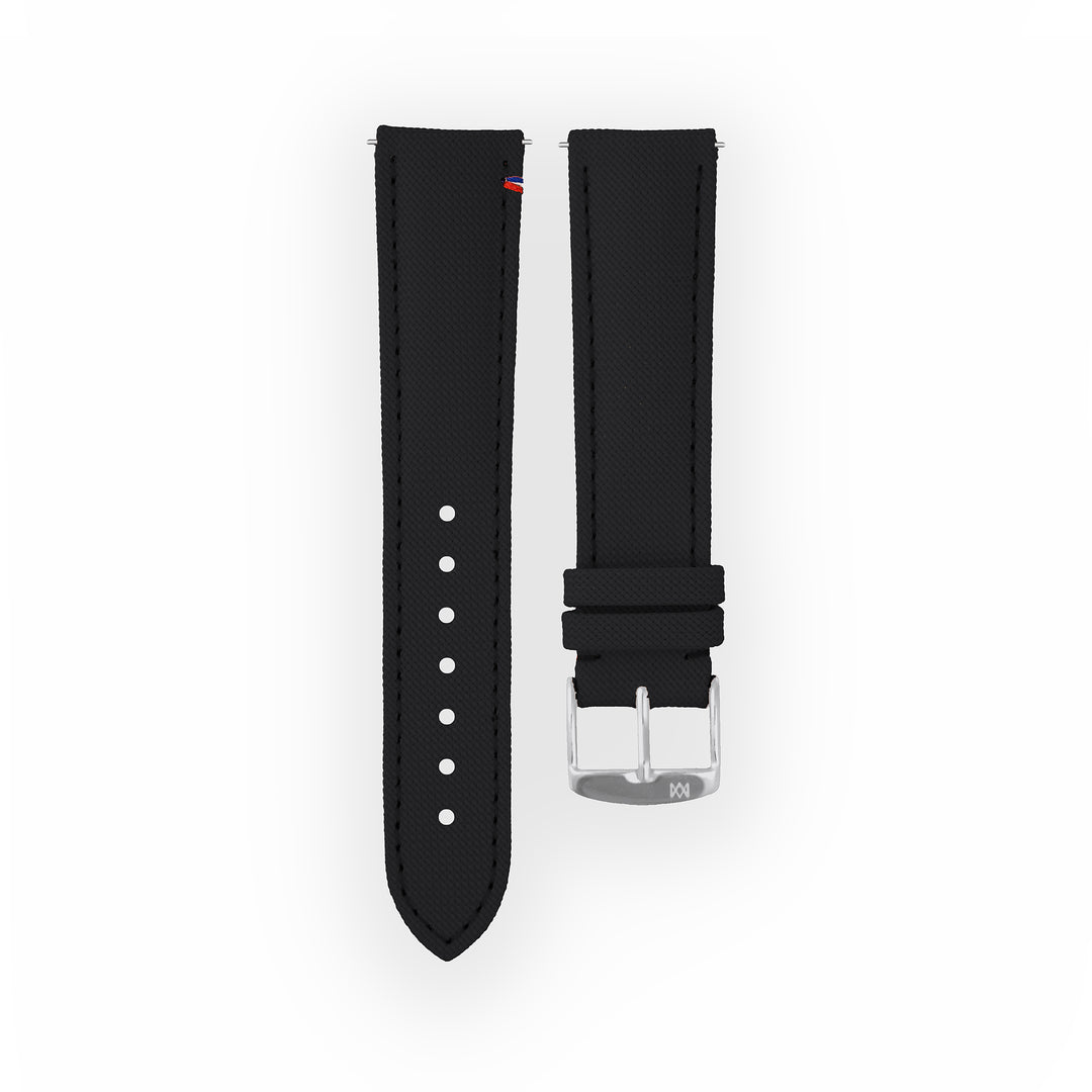 Bracelet de montre toile Port Louis Noir 20mm avec drapeau, vue de face