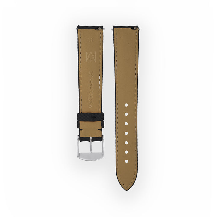 Bracelet de montre toile Port Louis Noir 18mm sans drapeau, vue de dos