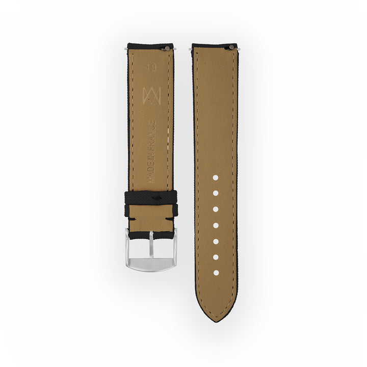 Bracelet de montre toile Port Louis Noir 19mm sans drapeau, vue de dos