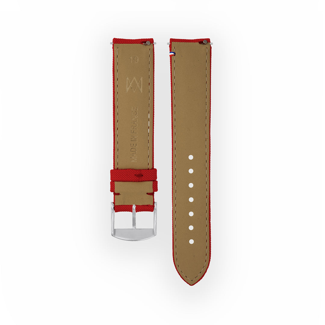 Bracelet de montre toile Port Louis Rouge 19mm avec drapeau, vue de dos