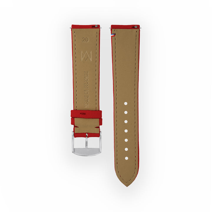 Bracelet de montre toile Port Louis Rouge 20mm avec drapeau, vue de dos