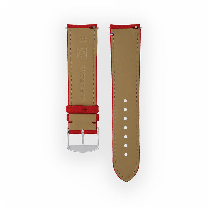 Bracelet de montre toile Port Louis Rouge 22mm avec drapeau, vue de dos