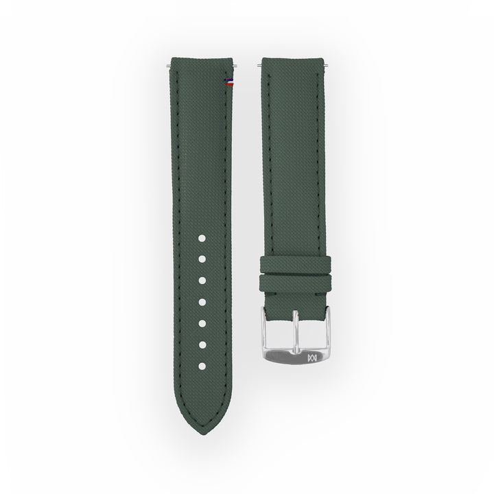 Bracelet de montre toile Port Louis Vert tempête 19mm avec drapeau, vue de face
