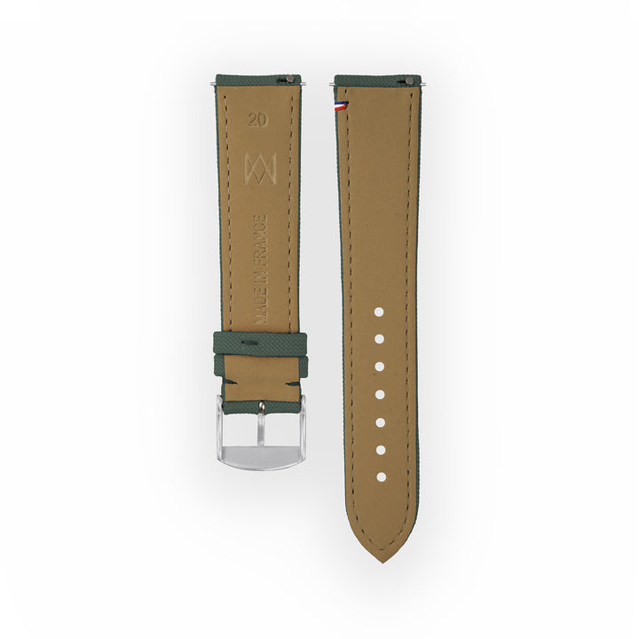 Bracelet de montre toile Port Louis Vert tempête 20mm avec drapeau, vue de dos