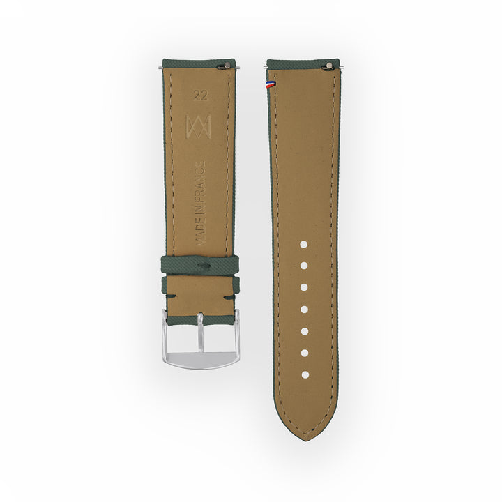 Bracelet de montre toile Port Louis Vert tempête 22mm avec drapeau, vue de dos