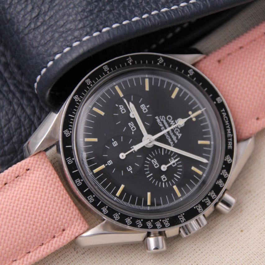 a strap for omega speedmaster, in pink canvas
