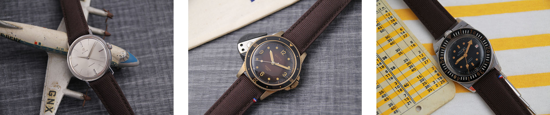Association de bracelets en toile marron sur des montres vintage
