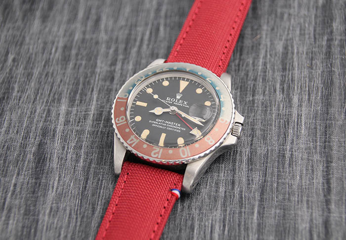 Red watch strap Port Louis on Rolex 1675